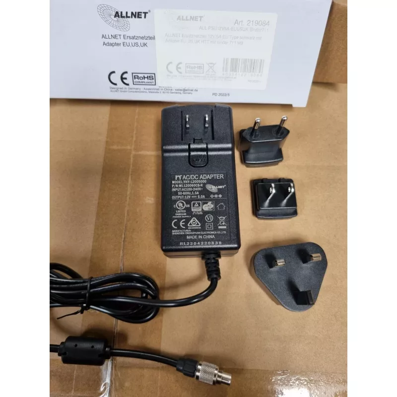 Alimentatore ALLNET ALL-PSU12V5A-EUUSUK-Binder711 12V 5A con connettore Binder 7/11 (spina EU/US/UK)