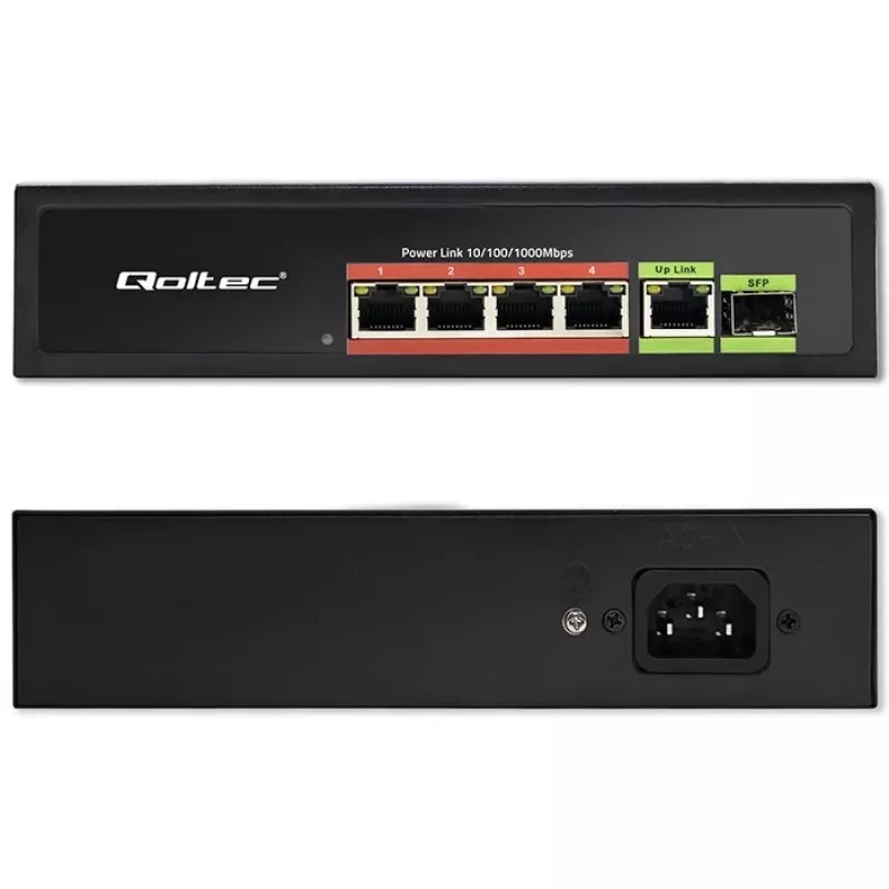 Switch Ethernet PoE QOLTEC 52296 — 4x porte RJ45 PoE, 1x RJ45 uplink