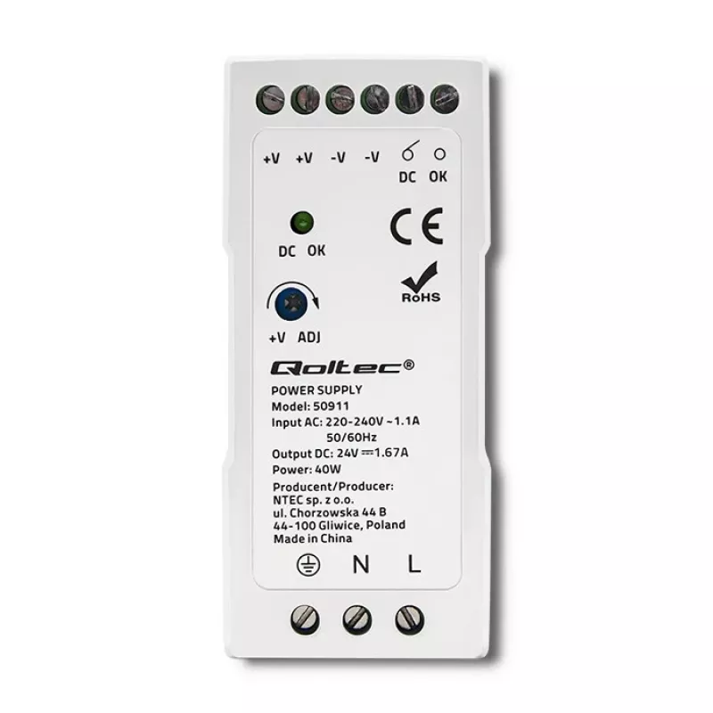 Alimentatore per guida DIN Qoltec | 40W | 24V | 1.67A | bianco | sottile