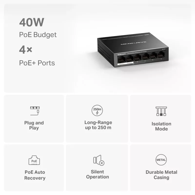 Mercusys switch desktop 6 porte 10/100Mbps con 4 porte PoE+