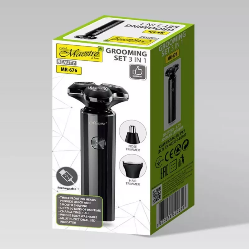 Set di rasatura Maestro MR-676 3-in-1 USB ricaricabile design compatto