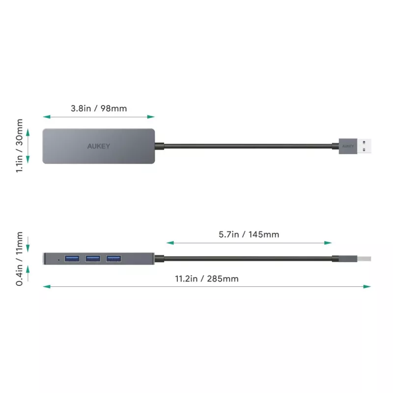 Hub USB Aukey CB-H36 — 4 porte USB 3.2 Gen 1 Type-A, host USB 2.0, 5000 Mbit/s, alluminio argento