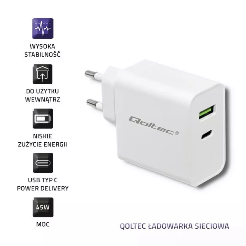 Qoltec 51718 caricabatterie | 45W | 5-20V | 2,4-3A | USB Type-C PD | USB | bianco