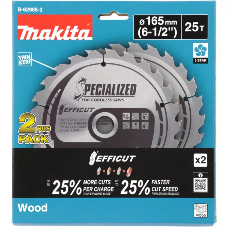 Makita Efficut B-62985-2 lame per sega circolare, 165 x 20 mm, 25 denti, 2 pz.