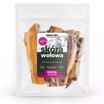 Snack per cani UNISZKI pelle di manzo 100 g — strisce naturali di pelle di manzo per l'igiene dentale, busta da 100 g, proteine 65%