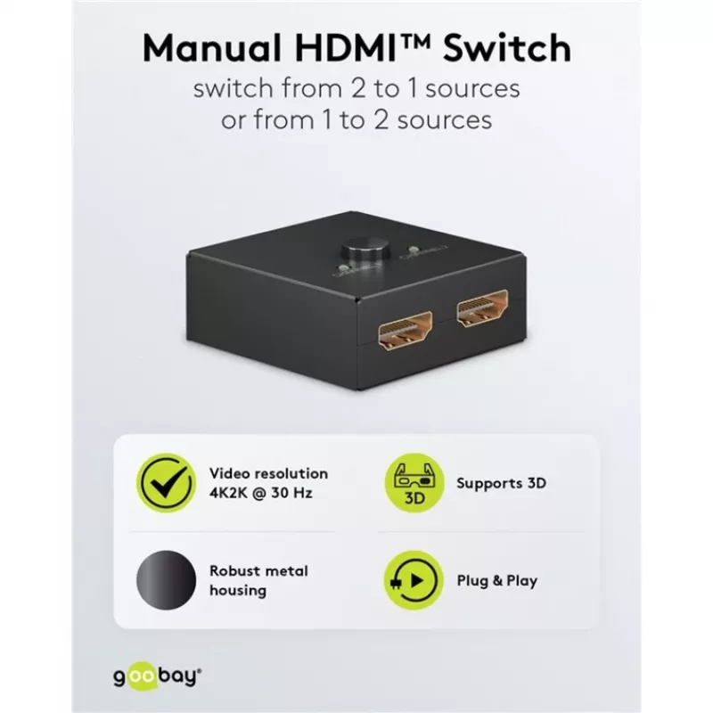 Goobay 58485 Switch HDMI manuale 2 a 1, 4K 30 Hz, Nero