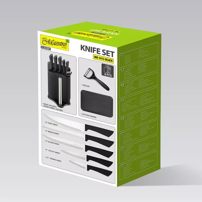 Set blocco coltelli e posate Maestro MR-1413 – nero, 8 pezzi, lame in acciaio inox con supporto, portarotolo