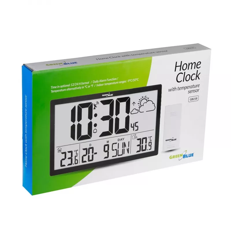 Orologio da parete GreenBlue GB218 — LCD extra grande, stazione meteo, temperature interne/esterne, visualizzazione data