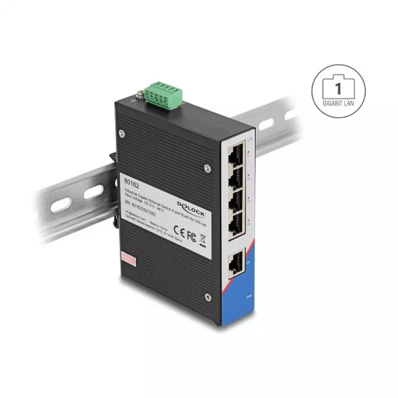 Switch Ethernet DELOCK 80162 — 5 porte Gigabit RJ45 per montaggio su guida DIN