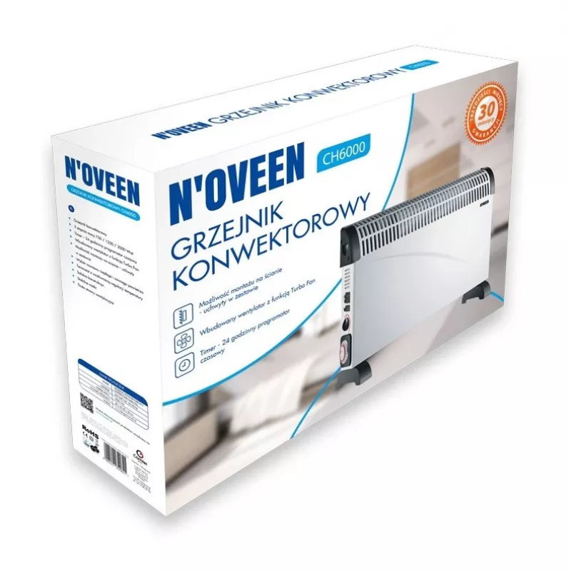Termoconvettore elettrico NOVEEN CH-6000 TIMER TURBO FAN 2000W 3 livelli di potenza montaggio a parete/pavimento bianco