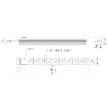 Unità di distribuzione dell'alimentazione GEMBIRD EG-PDU-9F2F — 9 prese francesi (tipo E), rack 1H, 16A, cavo 2 m