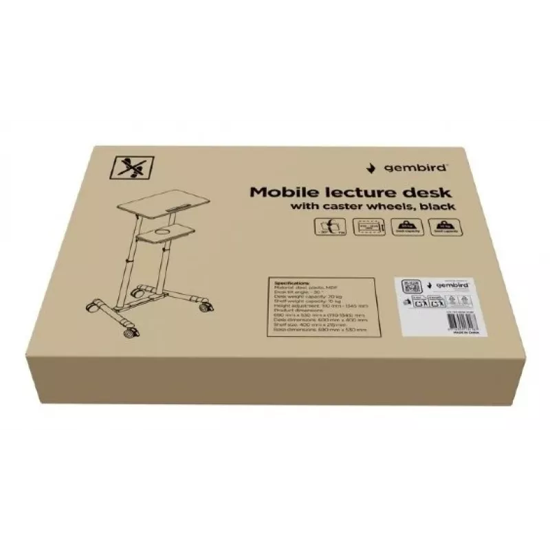 Gembird TVS-DESK-01-BK scrivania mobile in piedi con ruote, altezza regolabile 111–134,5 cm, inclinazione 30°, max 20 kg, nera