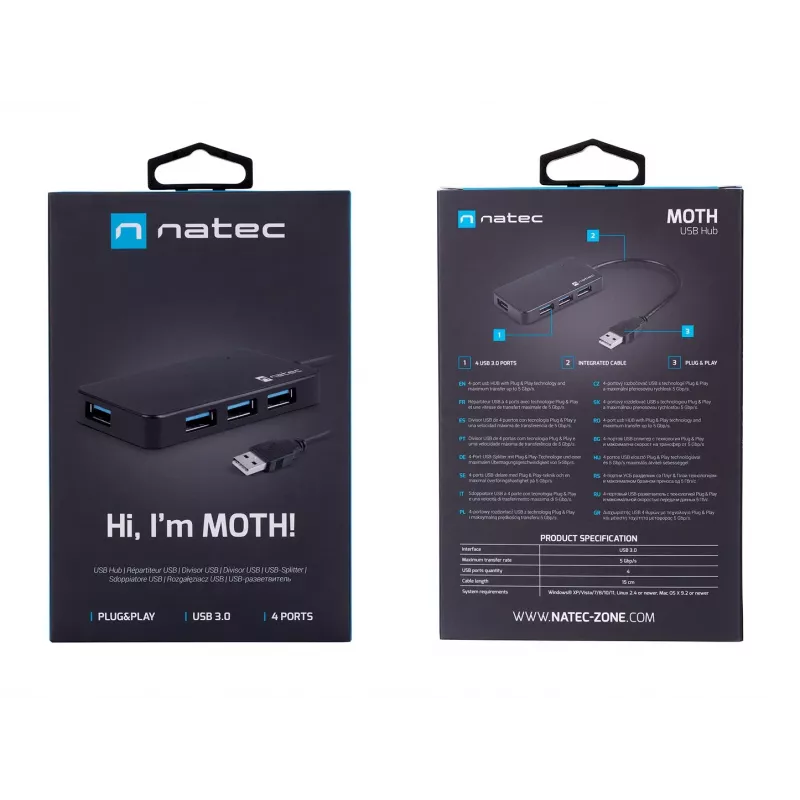 Hub USB NATEC Moth 4 porte USB 3.2 Gen 1 Type-A (5000 Mbit/s), alimentato via USB, nero, cavo 0,15 m