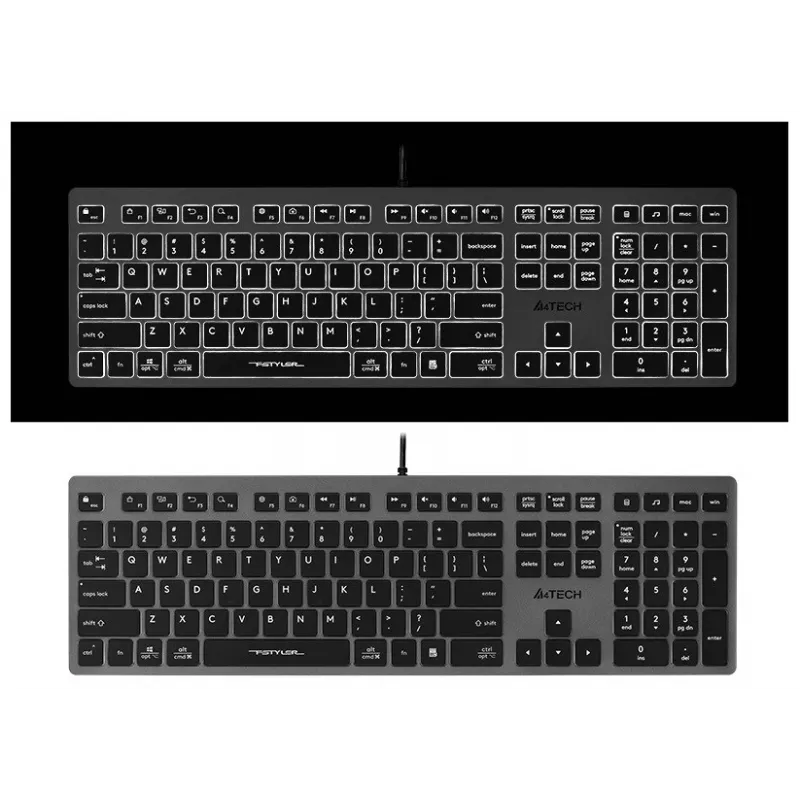 Tastiera A4Tech con filo FX60H USB QWERTY – Full-Size 100%, retroilluminata bianco, grigio, hub USB