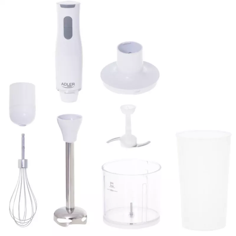 Adler AD 4620 set frullatore a immersione, 800 W, 2 velocità, tritatutto da 450 ml, bicchiere da 750 ml, frusta, bianco