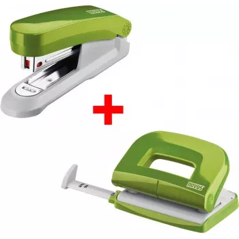 Set cucitrice e perforatore NOVUS E15+ e E210 — cucitrice da tavolo con perforatore a pinza, verde