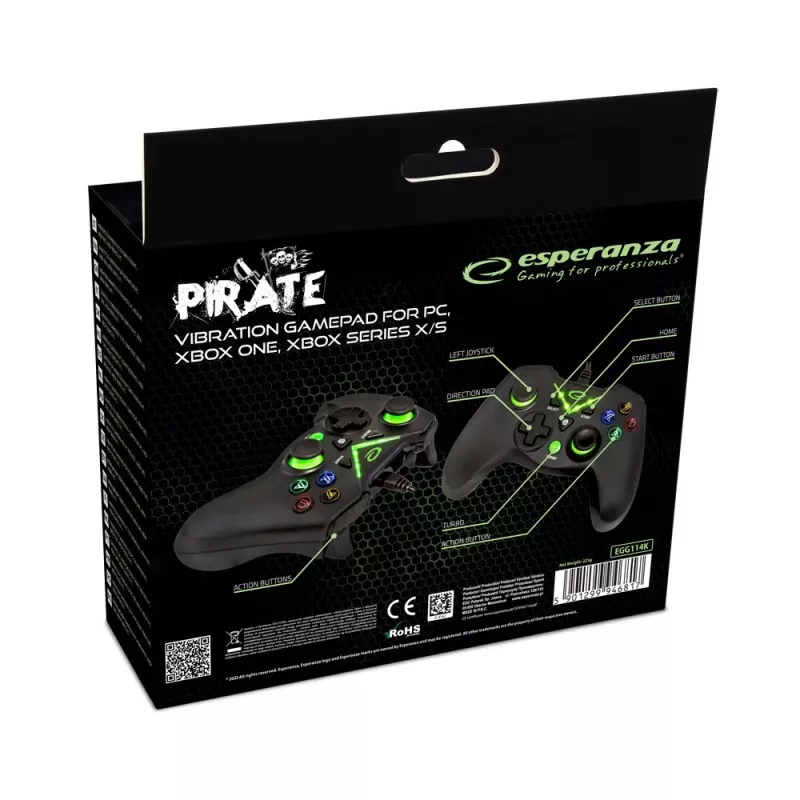 Esperanza EGG114K Pirate gamepad, USB 2.0, analogico/digitale, per PC, Xbox One, Xbox Series X/S, nero