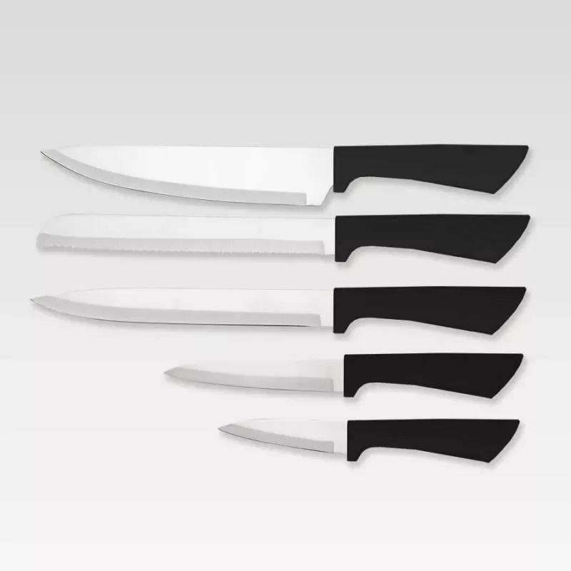 Set blocco coltelli e posate Maestro MR-1413 – nero, 8 pezzi, lame in acciaio inox con supporto, portarotolo