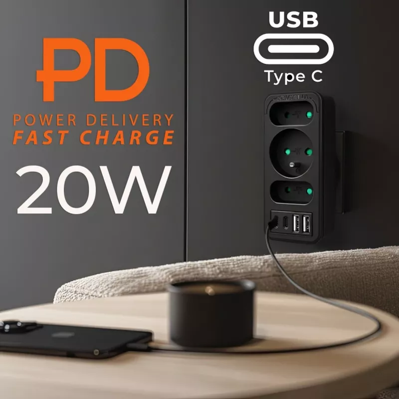 Power splitter MACLEAN MCE248 F/B — 3 prese AC (1x16A, 2x6A) e 4 porte USB (2xUSB‑A, 2xUSB‑C PD 20W), spina EU, nero
