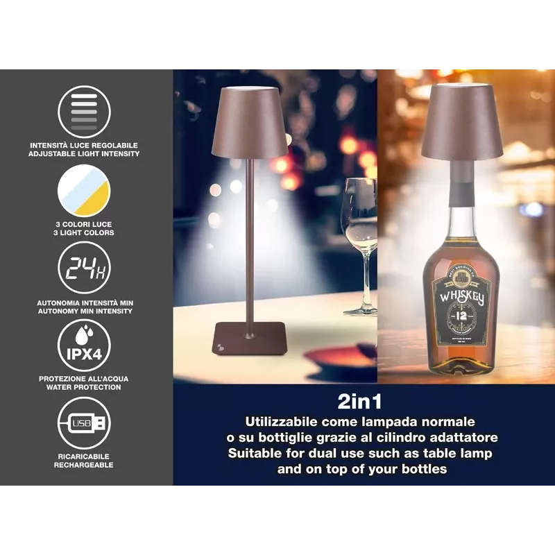 Beper P201UTP120 lampada da tavolo LED ricaricabile, 1,5 W, interruttore touch, dimmerabile, adattatore per bottiglia da 33 mm, resistente all'acqua, marrone