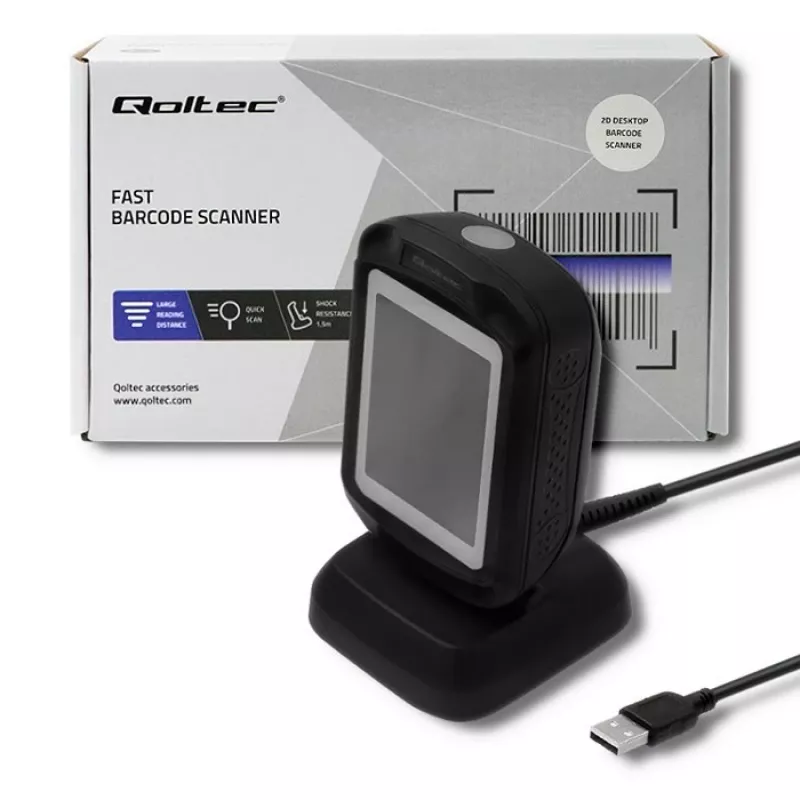 Lettore di codici a barre fisso 1D/2D QOLTEC 50864, sensore LED, USB (con cavo), nero, 145×85×80 mm