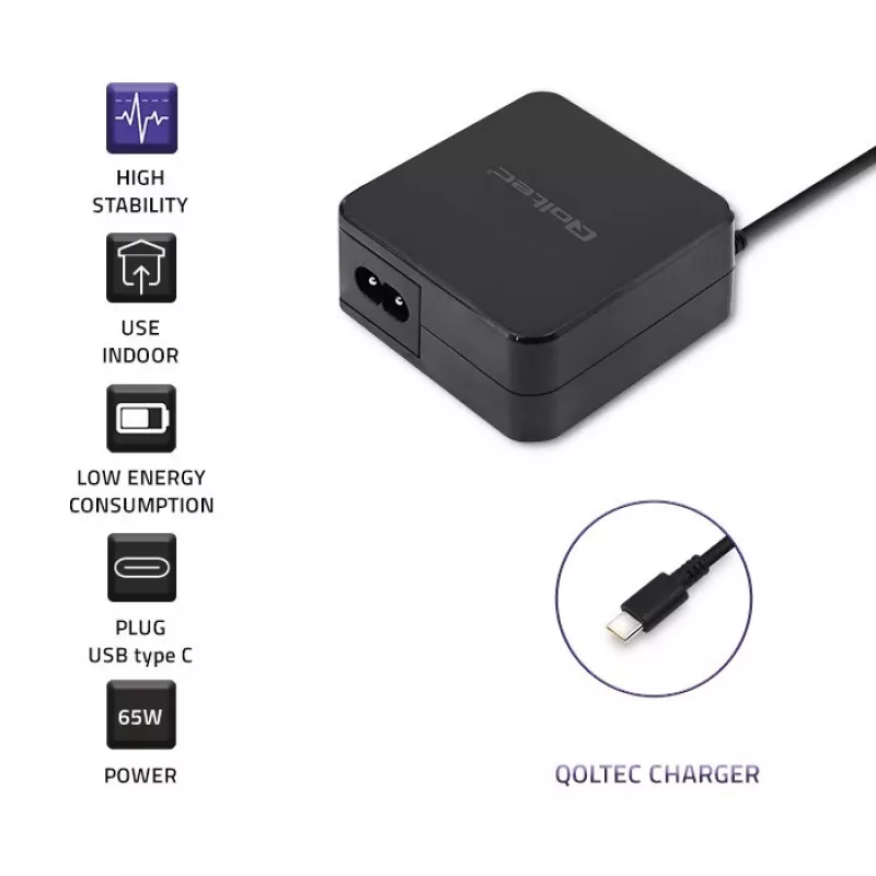 Qoltec 51027 caricabatterie | 65W | 5-20,3V | 2-3,25A | USB Type-C | PD