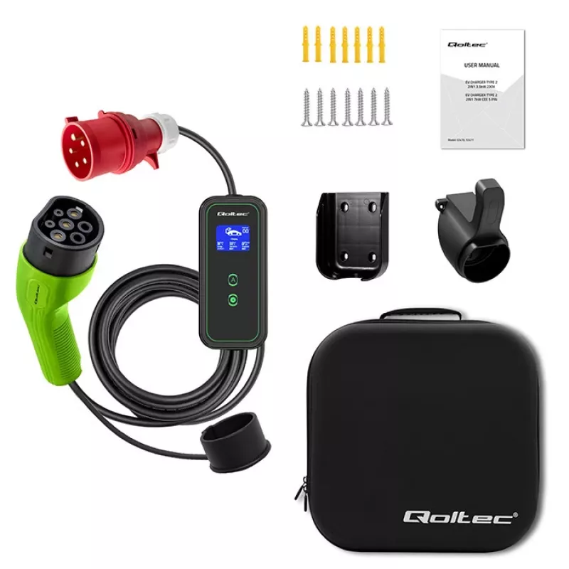 Caricabatterie mobile EV Qoltec regolabile 2in1 Type2 | 11kW | CEE 5 PIN | LCD | 3 fasi | portatile | wallbox | 5m