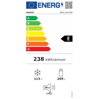 Frigorifero INDESIT INKS1341S4E — volume totale 340L (230L vano frigo / 110L vano congelatore), apertura porta reversibile, classe di efficienza energetica E
