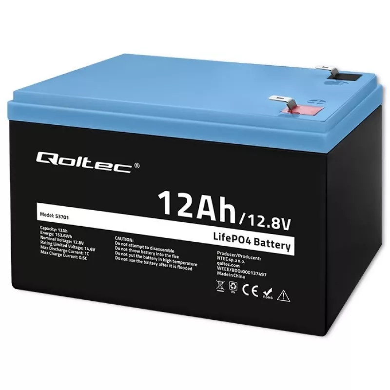 Batteria ricaricabile Qoltec LiFePO4 litio ferro fosfato 12,8 V 12 Ah 153,6 Wh con BMS