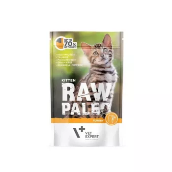 Cibo umido per gattini VETEXPERT RAW PALEO Kitten Turkey 100 g — monoproteico, 79% umidità, 10,3% proteine