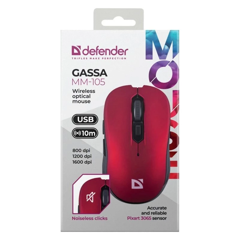 Mouse RF silenzioso wireless DEFENDER Gassa MM-105 — ambidestro, 1600 DPI, 2,4 GHz, ricevitore nano USB