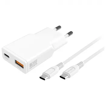 Caricabatterie da interno per dispositivi mobili AC 4smarts 541509 — 100–240V, USB-A + USB-C, cavo 1.5 m, ricarica rapida, bianco