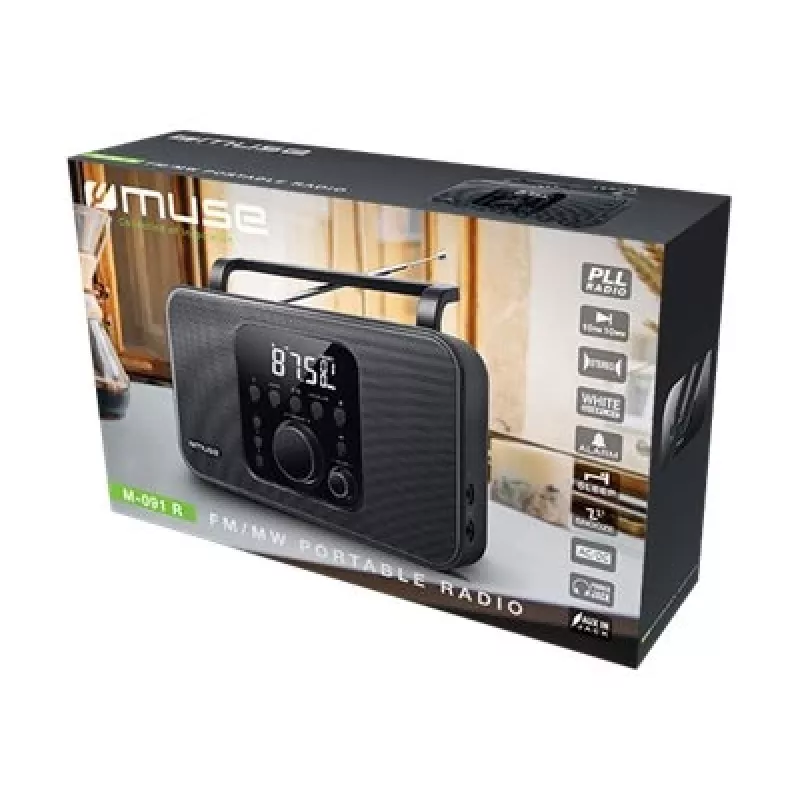 Muse M-091R radio portatile, FM/AM, display LCD, sveglia, ingresso AUX, alimentazione a rete/batteria, nera