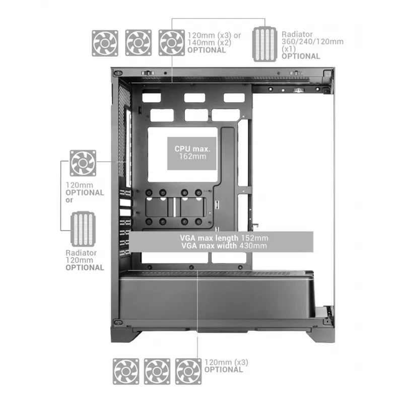 Case PC midi tower TACENS Mars Gaming MCPRISMA, nero, vetro temperato, supporta ATX/Micro-ATX/Mini-ITX, 2x vani 3,5