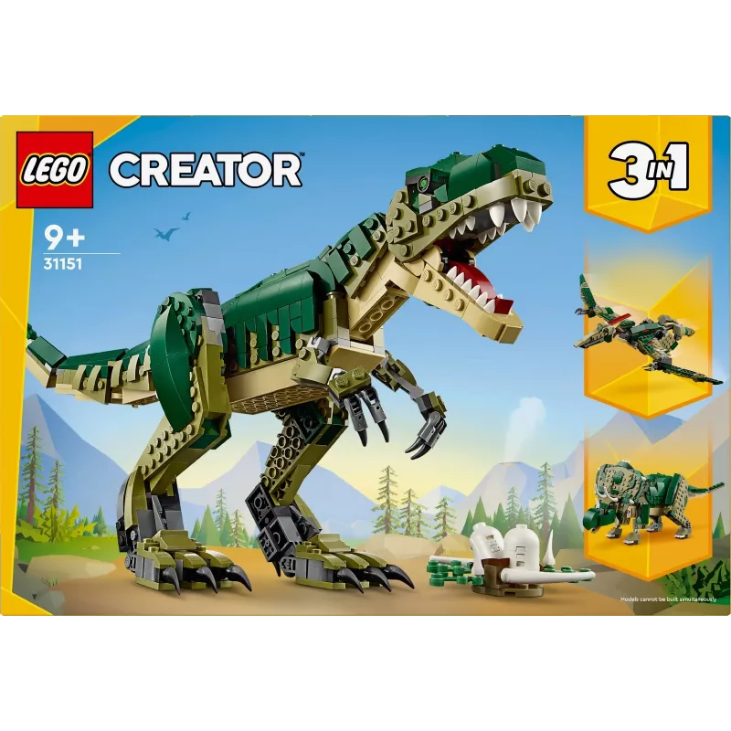 Giocattolo da costruzione LEGO Creator 3-in-1 kit T.Rex, 626 pezzi, 150 mm di altezza, età 9+