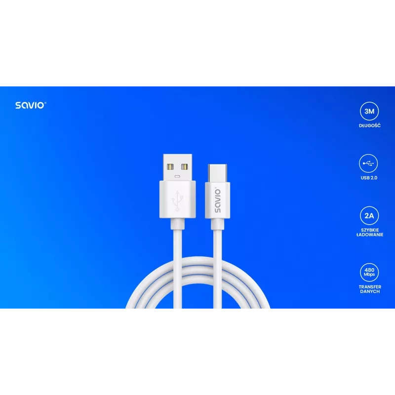 Cavo USB 2.0 SAVIO CL-168, USB A (connettore maschio) a USB C (connettore maschio), 3 m, bianco