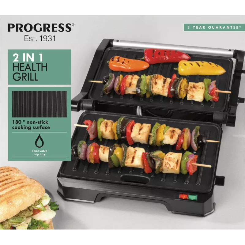 Grill elettrico 2 in 1 per la salute Progress EK5854PVDE con piastre antiaderenti e temperatura regolabile