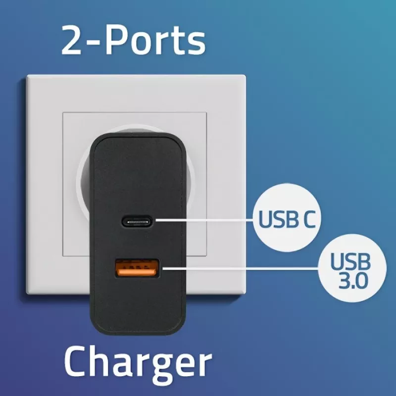 Qoltec 52381 Super Quick caricabatterie PD | 1xUSB-C | 1xUSB | 90W | 5-20V | 2,4-4,35A | nero