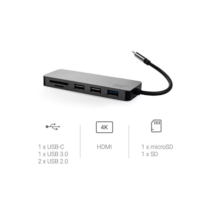 Green Cell AK50 - USB 3.2 Gen 1 (3.1 Gen 1) Type-C - USB 2.0 - USB 3.2 Gen 1 (3.1 Gen 1) Type-A - USB 3.2 Gen 1 (3.1 Gen 1) Type-C - MicroSD (TransFlash) - SD - argento - Apple MacB