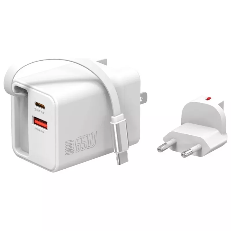 4smarts 541065 GaN Flex Jojo 65W caricabatterie da parete, 2x USB-C PD + USB-A QC 3.0, cavo USB-C retrattile, 100-240V, bianco