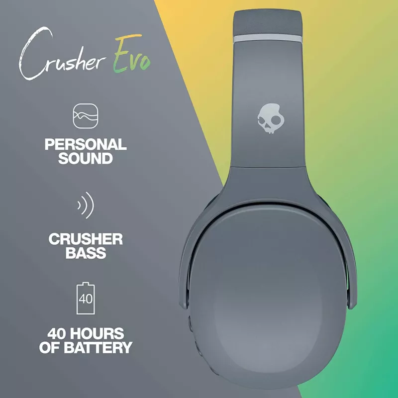 Cuffie Skullcandy Crusher Evo — con cavo & Bluetooth, grigio, batteria 40 ore, USB-C, AUX, pieghevoli