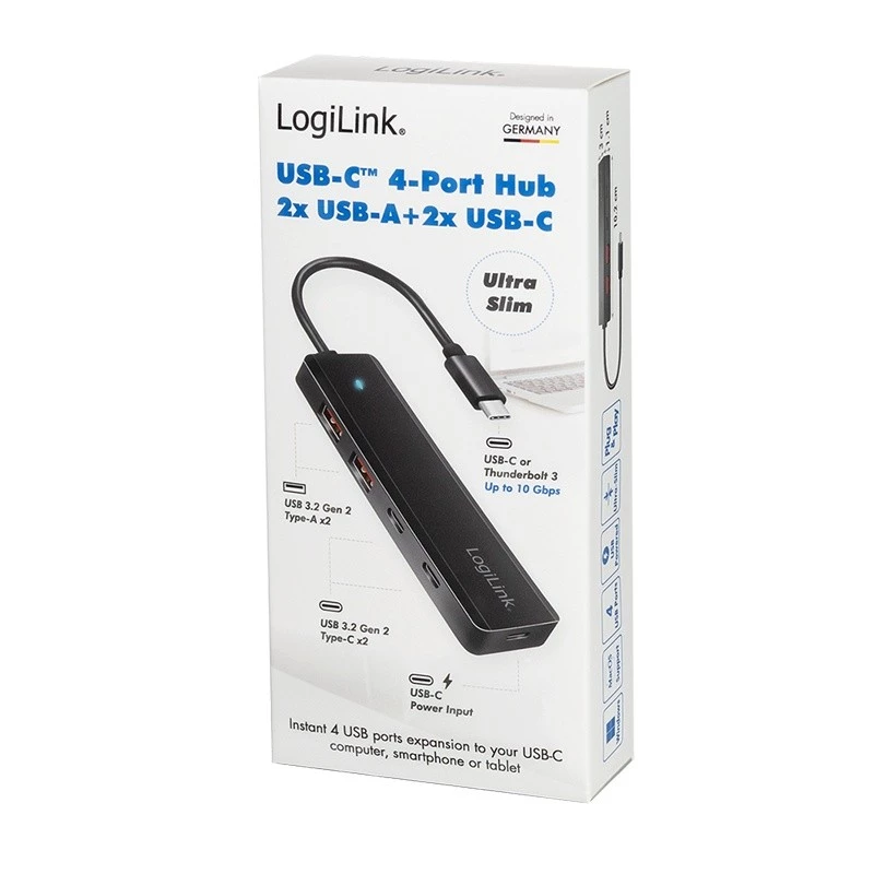 Hub USB-C, 4 porte 2x USB-A, 2x USB-C, nero