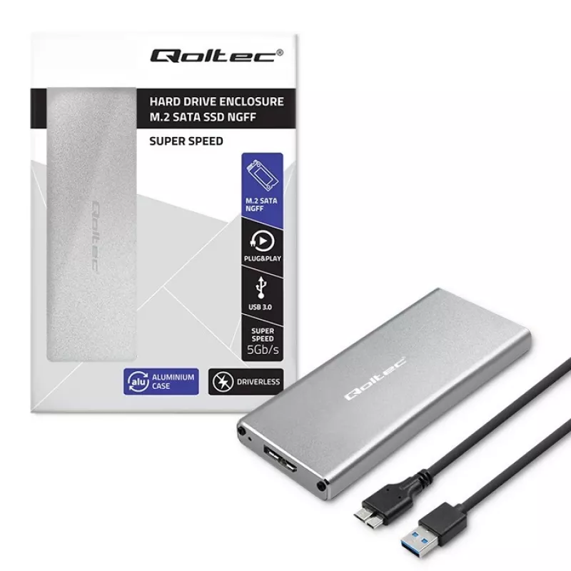 Case in alluminio QOLTEC 51833 per SSD M.2, SATA su USB 3.0, supporta fino a 2 TB