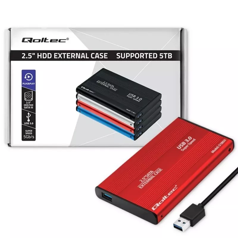 Case per HDD/SSD QOLTEC 51860 per unità SATA III da 2,5 inch, USB Type-A, 5 Gbit/s, alluminio, rosso