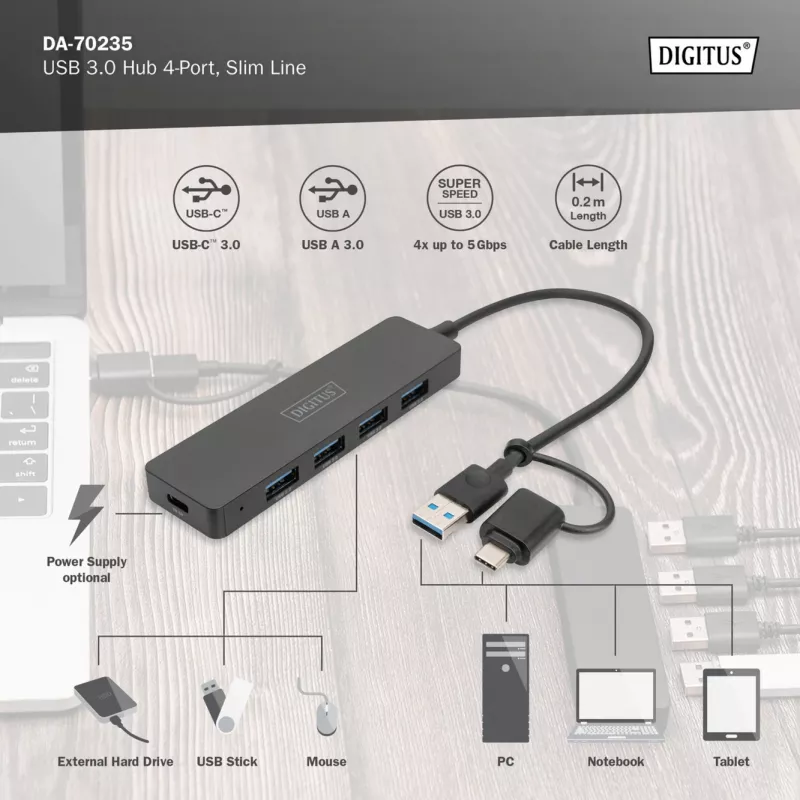 Hub USB, Digitus, DA-70235, 4 porte, USB 3.2 Gen 1, Type-A e Type-C, 12000 Mbit/s