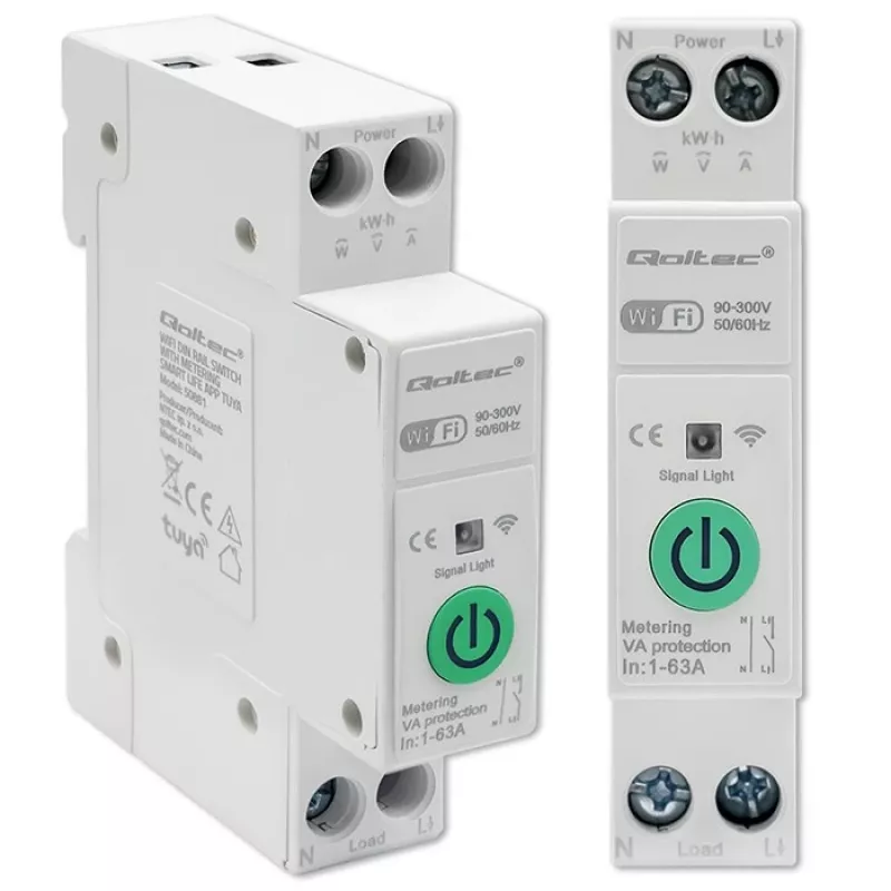 Relè Wi-Fi per guida DIN QOLTEC 50881 — relè commutatore di rete 63A per impianti elettrici