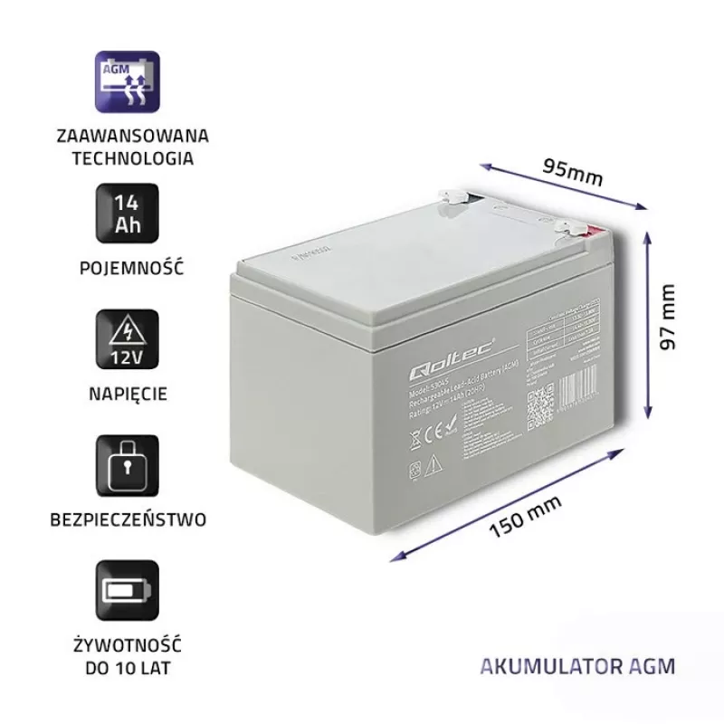Qoltec 53045 Batteria AGM 12V 14Ah