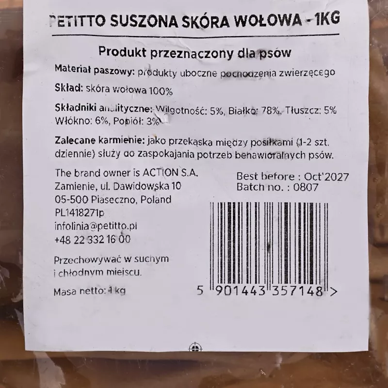 Snack per cani PETITTO pelle di manzo essiccata, confezione da 1 kg