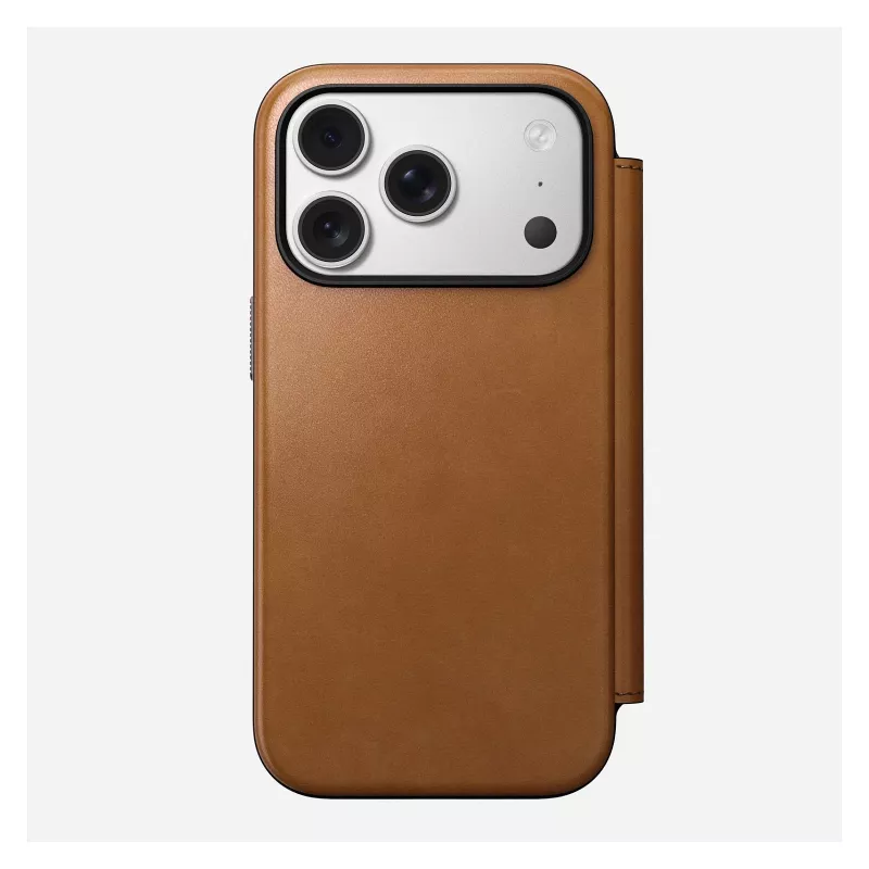 Custodia folio Nomad Modern Leather Folio per iPhone 17 Pro, pelle + alluminio, 6,3 pollici (16 cm), Tan, 3 scomparti per carte