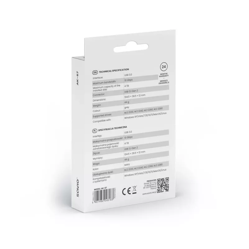 Case per SSD M.2 SAVIO AK-67 grigio, USB 10 Gbit/s, supporto per singolo drive M.2